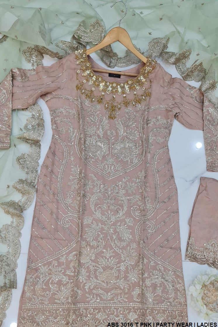 Chiffon straight shirt ABS 3016 - Pakistani women's elegant outfit with grip trouser and organza dupatta front view