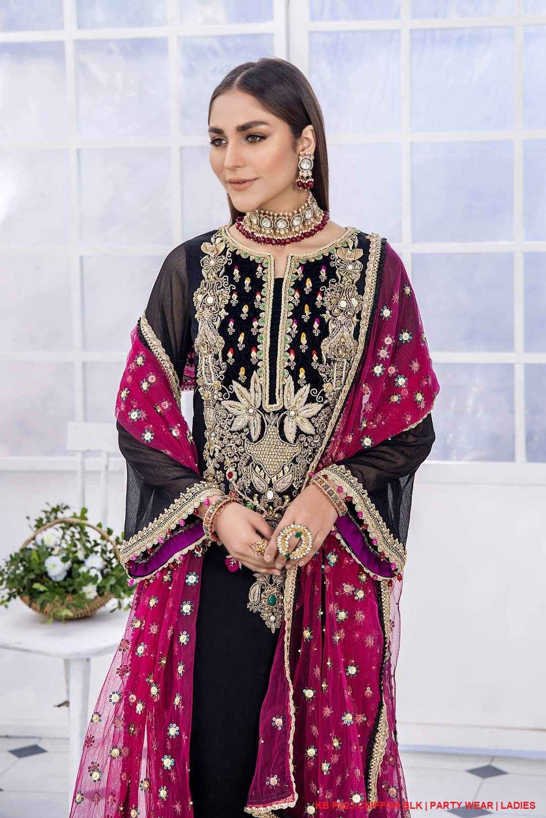 KB P223 Pakistani women's crinkle chiffon embroidered outfit back view