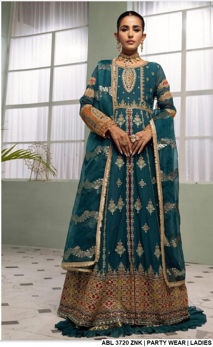 Chiffon long maxi sharara ABL 3720 - Pakistani women's luxury formal wear with zari organza dupatta front view