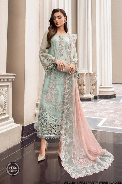 Chiffon straight shirt ABL 3811 - Pakistani women's elegant outfit with viscose trouser front view