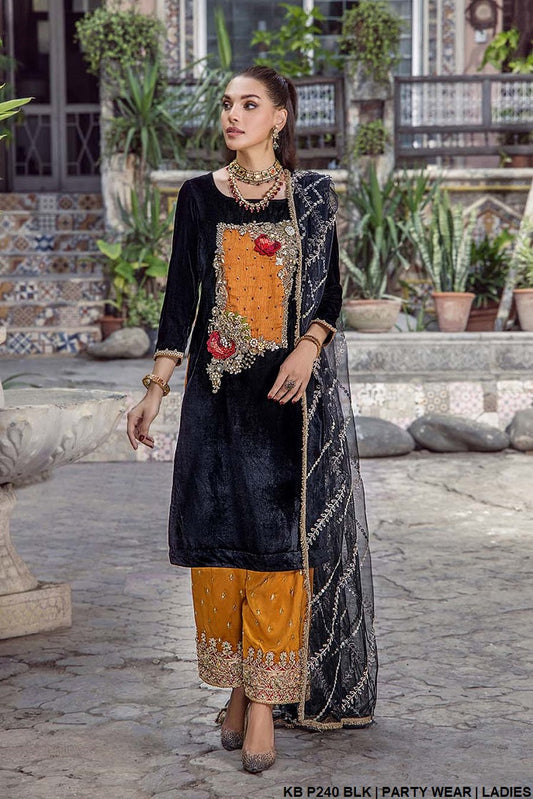 Micro velvet hand embroidered shirt KB P240 - Pakistani women's luxury party wear with silk trouser front view