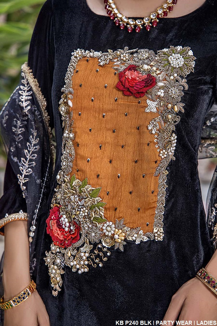 KB P240 micro velvet Pakistani women's hand embroidered formal outfit back view