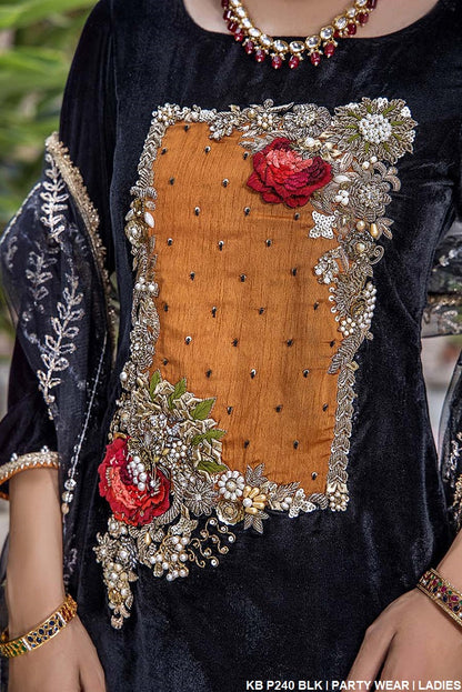 KB P240 micro velvet Pakistani women's hand embroidered formal outfit back view
