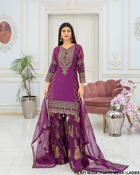 Chiffon shirt gharara PNW 621 - Pakistani women's party wear with organza dupatta front view