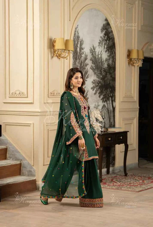 Bottle green silk Pakistani women's short shirt with farshi shalwar side view