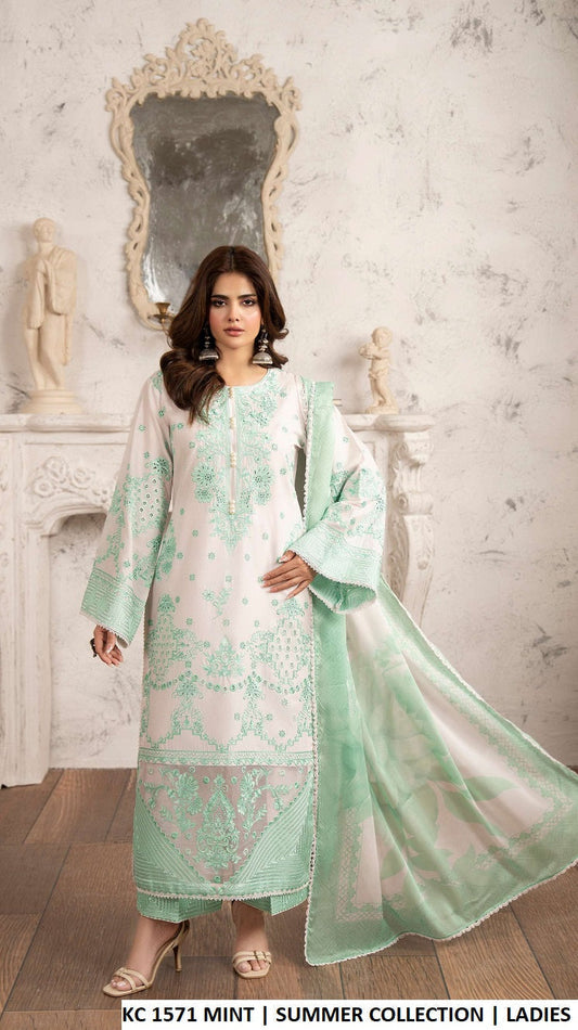 Cotton chikankari long shirt KC TABEER 1571 MINT - Pakistani women's casual embroidered outfit with printed dupatta front view