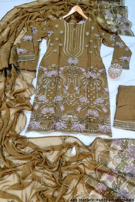 Chiffon straight shirt ABS 3087 - Pakistani women's elegant outfit with grip trouser and chiffon dupatta front view