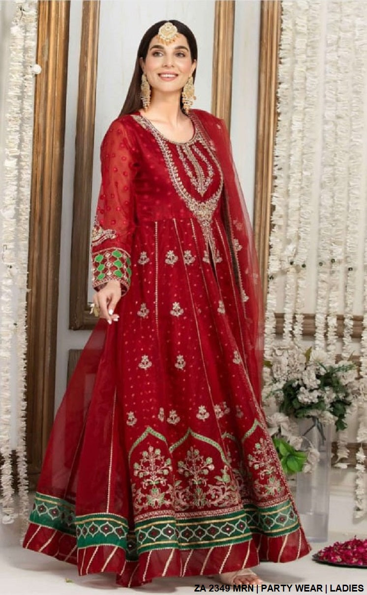 ZA 2349 Pakistani women's organza open long frock detail view