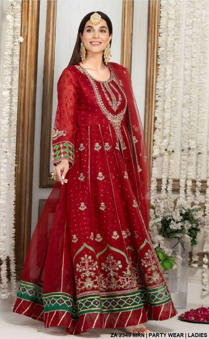 ZA 2349 Pakistani women's organza open long frock detail view