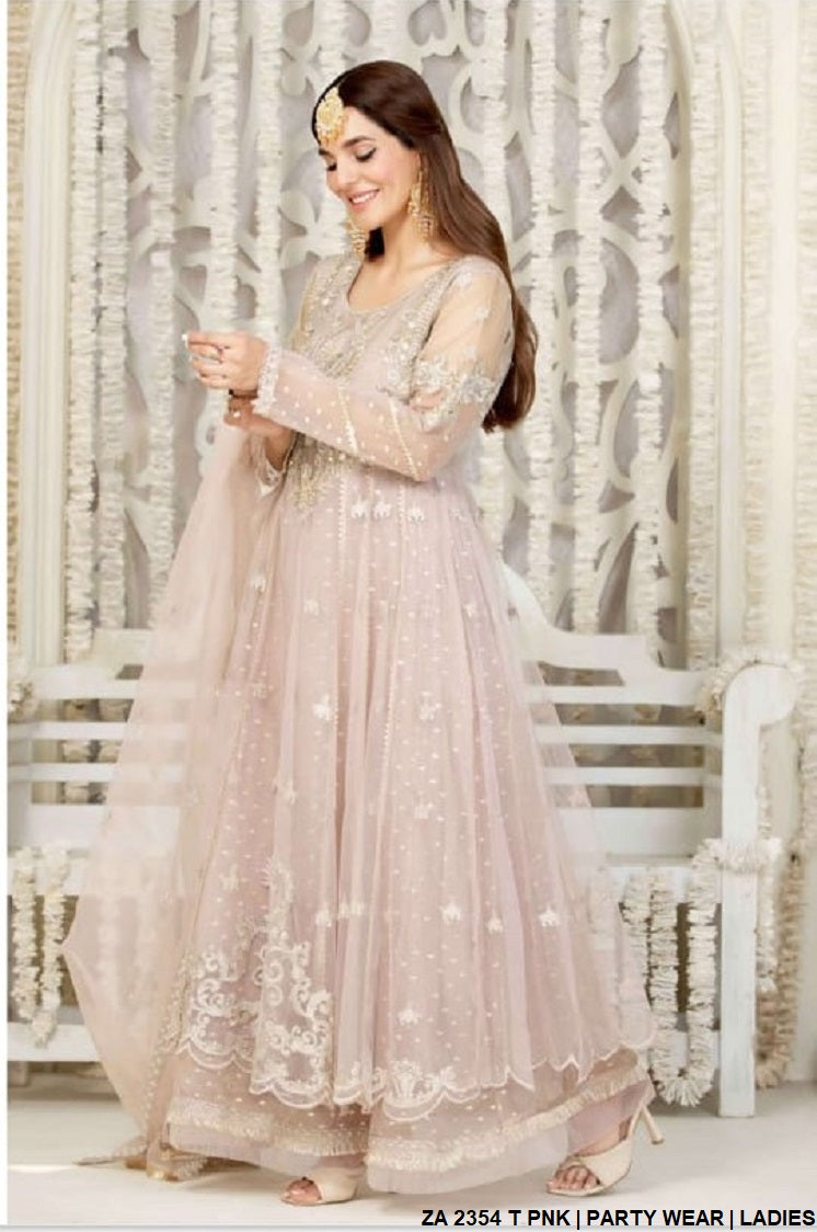 ZA 2354 Pakistani women's net long frock with organza dupatta back view