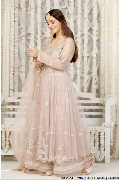 ZA 2354 Pakistani women's net long frock with organza dupatta back view