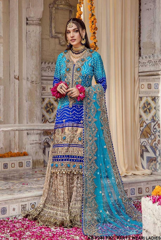 Pure silk chunnari hand embroidered sharara KB P244 - Pakistani women's luxury bridal party wear front view
