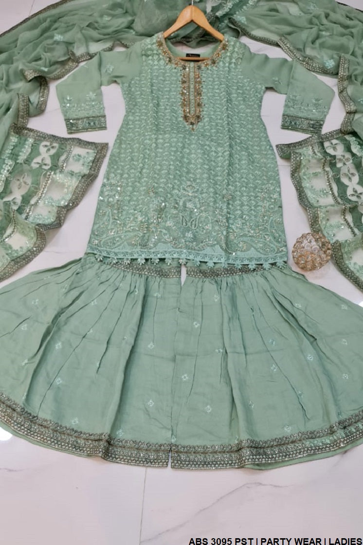 ABS 3095 Pakistani women's chiffon gharara outfit detail view