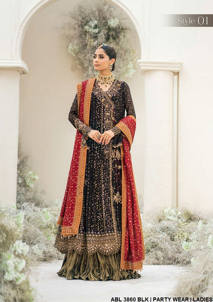 Chiffon angrakha style frock ABL 3860 - Pakistani women's formal wear with heavy embroidered dupatta front view
