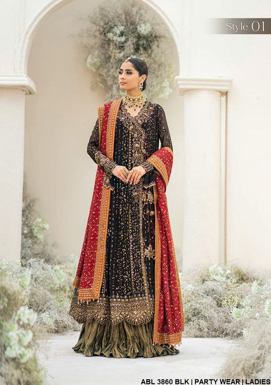 Chiffon angrakha style frock ABL 3860 - Pakistani women's formal wear with heavy embroidered dupatta front view