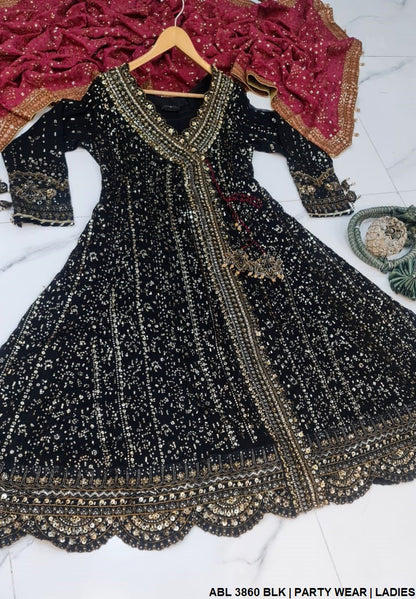 ABL 3860 Pakistani women's chiffon angrakha frock detail view
