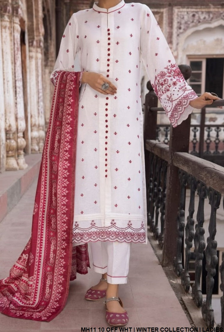 Khaddar straight shirt MH11 10 - Pakistani women's winter 3-piece suit with digital print dupatta front view