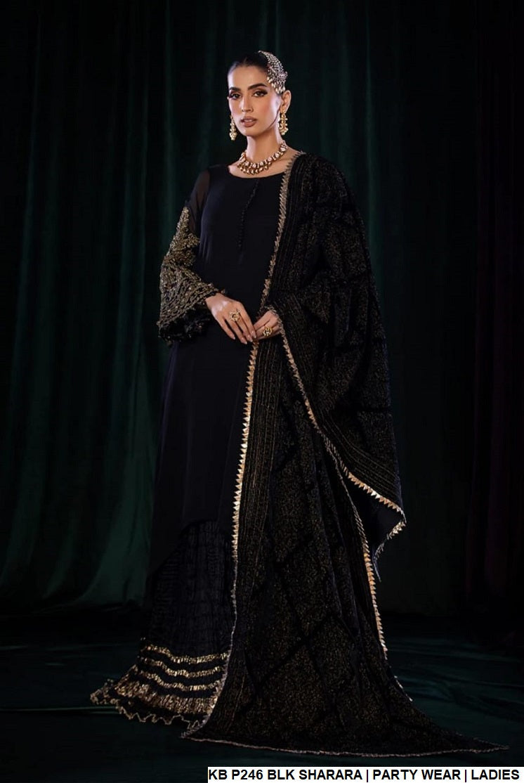 Crinkle chiffon embroidered sharara KB P246 - Pakistani women's luxury party wear with velvet shawl front view