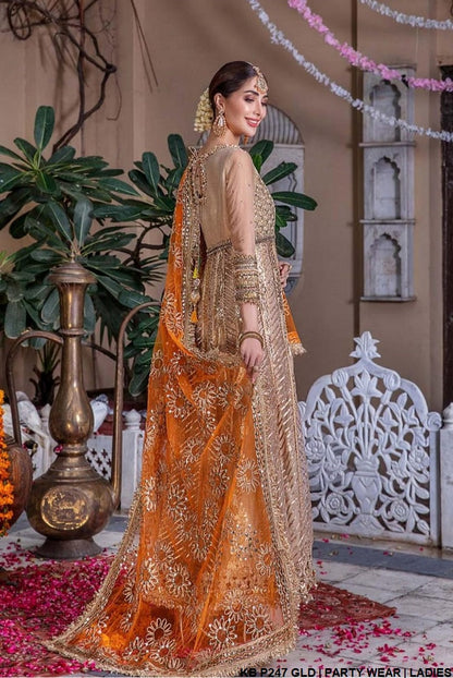 KB P247 GOLD Pakistani women's luxury mesuri bridal sharara back view