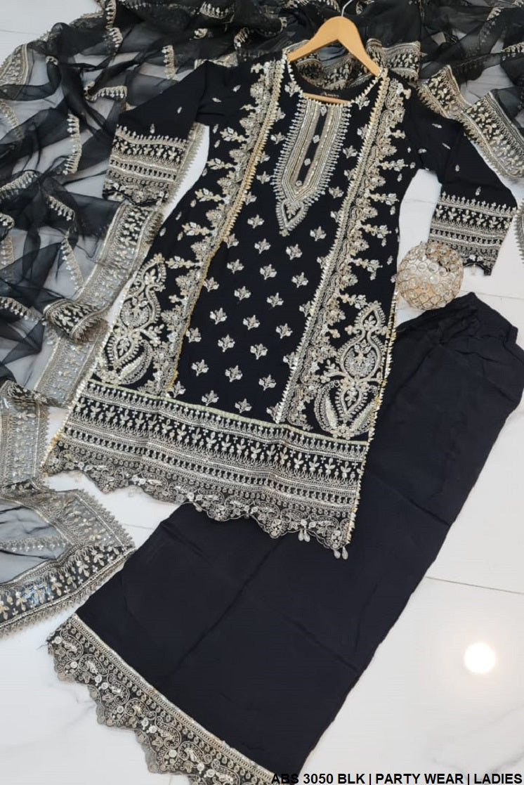 ABS 3050 Pakistani women's chiffon outfit with organza dupatta back view