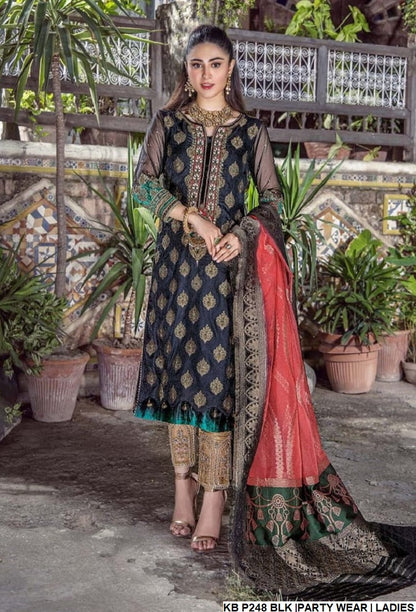 KB P248 Pakistani women's luxury silk jamawar bridal wear back view