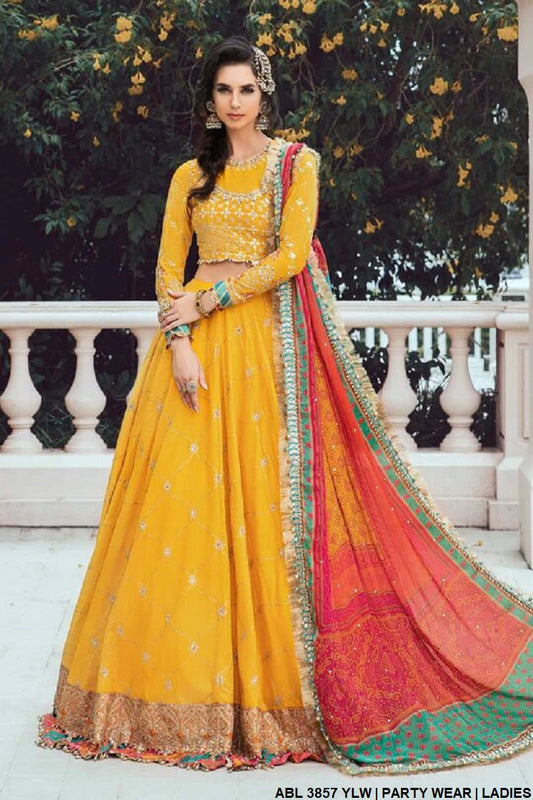 Net long maxi ABL 3857 - Pakistani women's formal luxury wear with chiffon dupatta front view