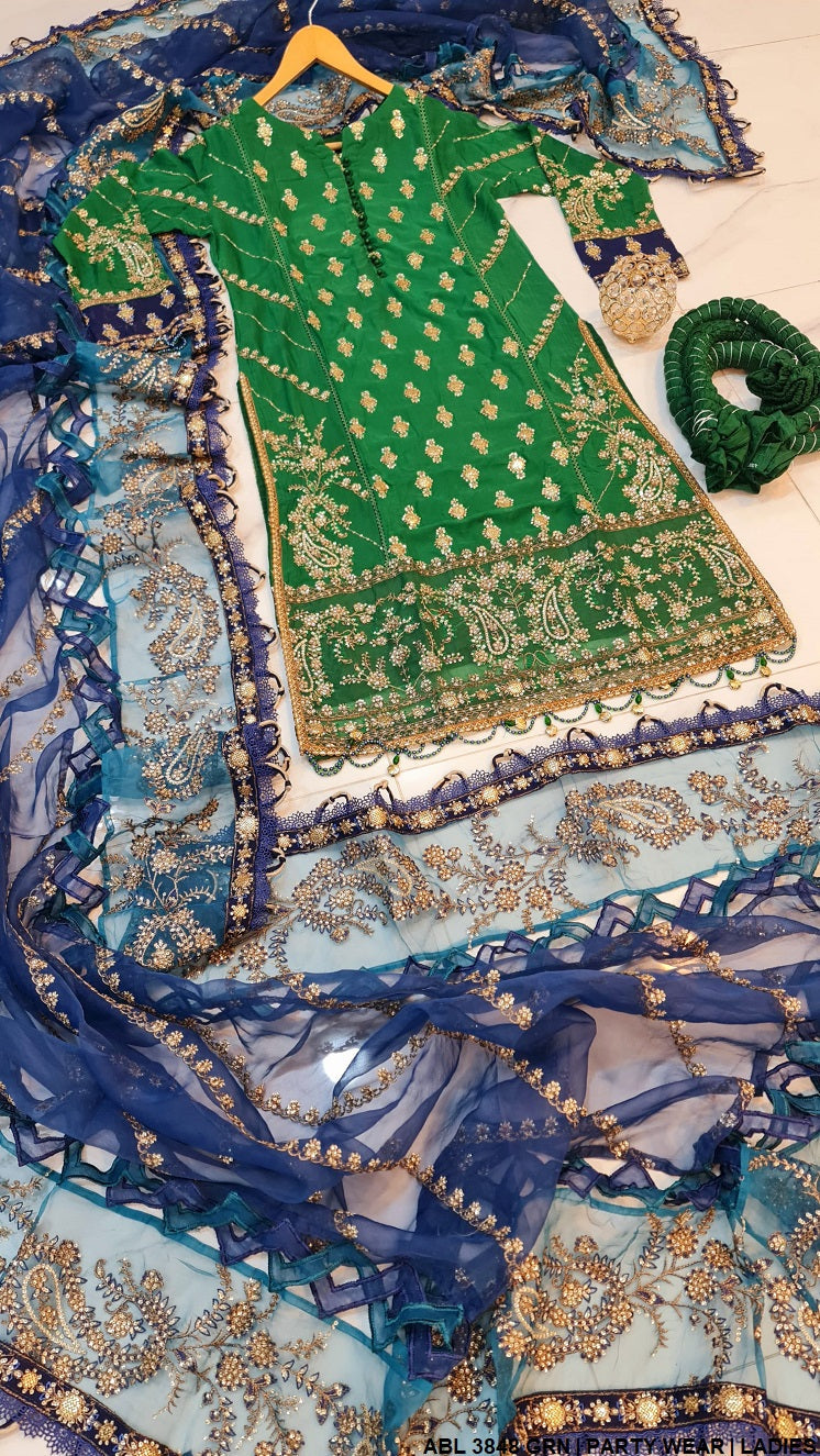 ABL 3848 Pakistani women's chiffon sharara outfit detail view