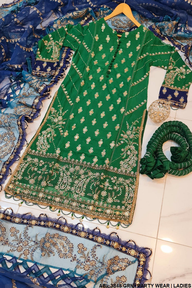ABL 3848 Pakistani women's chiffon straight shirt sharara back view
