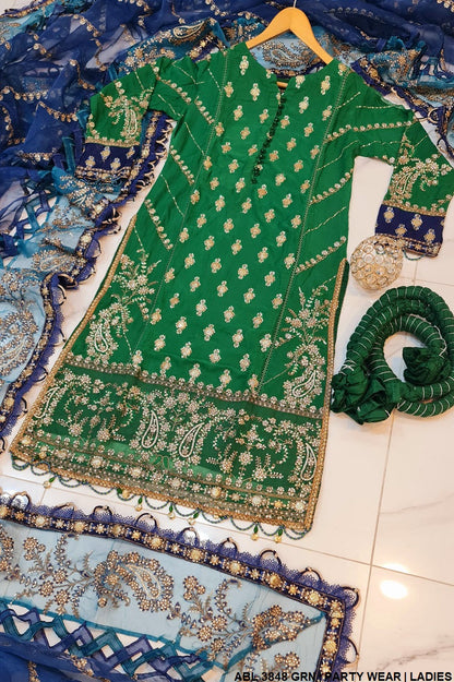 ABL 3848 Pakistani women's chiffon straight shirt sharara back view