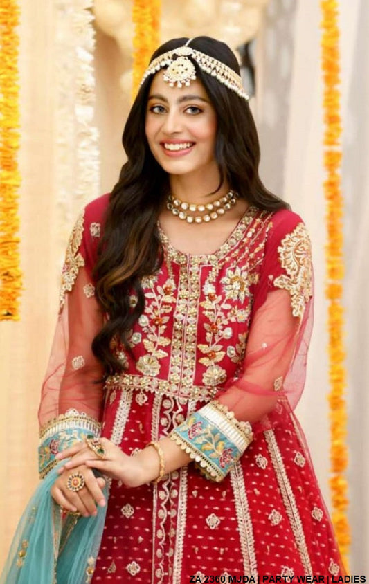 Net open style frock ZA 2360 - Pakistani women's luxury formal wear with net dupatta and grip trouser front view