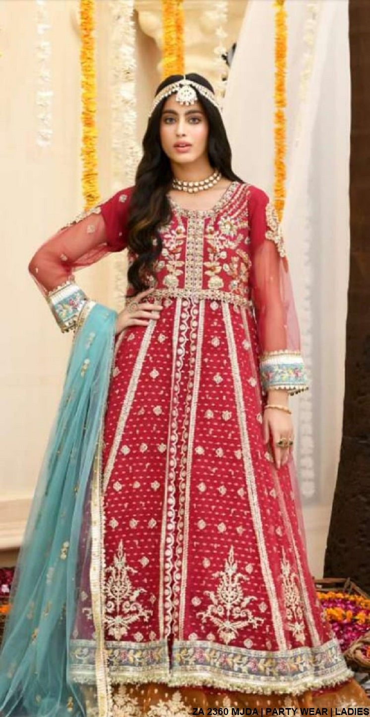 ZA 2360 Pakistani women's net open style frock with net dupatta back view