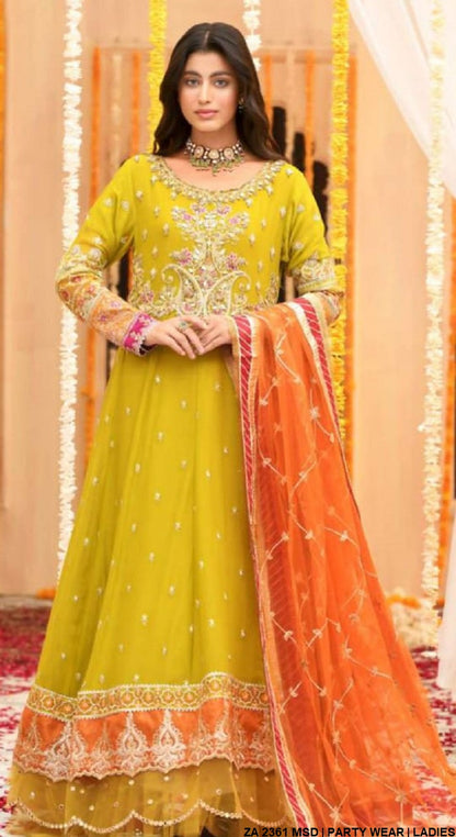 Chiffon long maxi ZA 2361 - Pakistani women's luxury formal wear with net dupatta and grip trouser front view