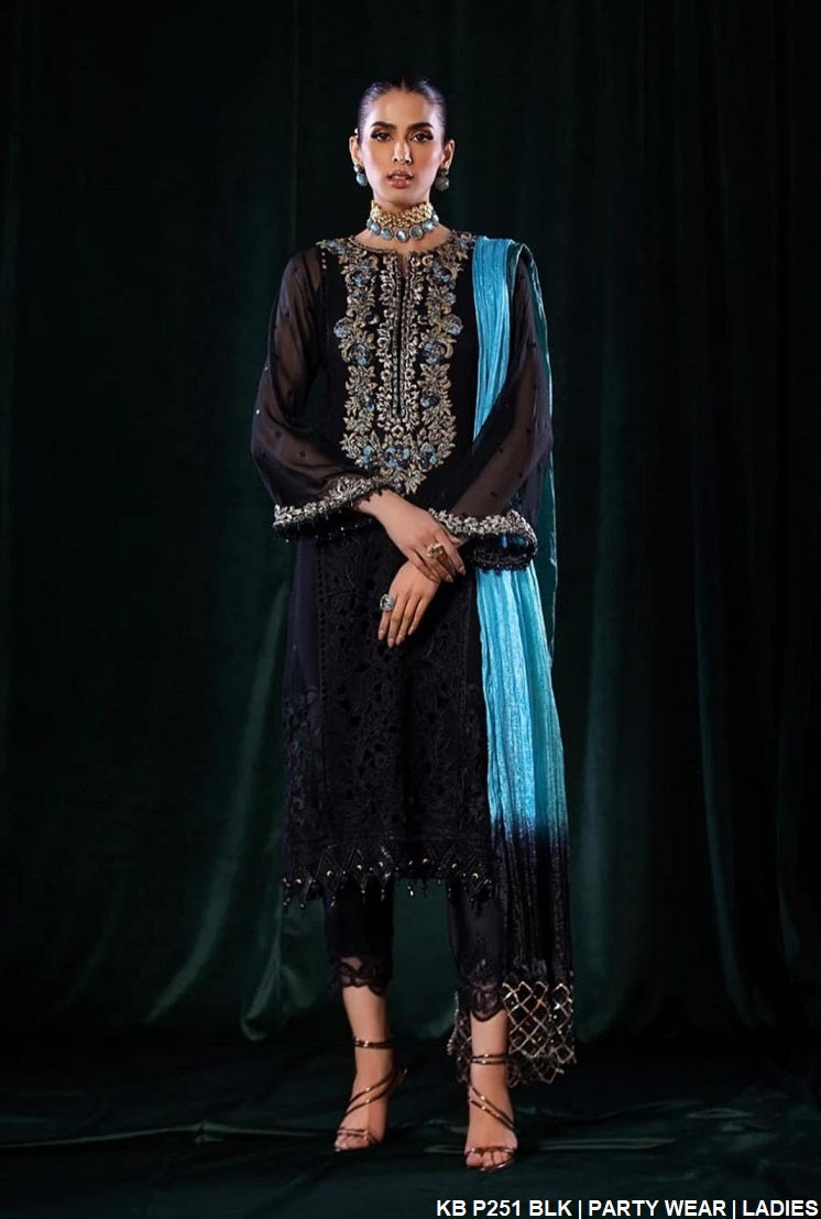 Crinkle chiffon embroidered shirt KB P251 - Pakistani women's luxury party wear with charmeuse silk trouser front view