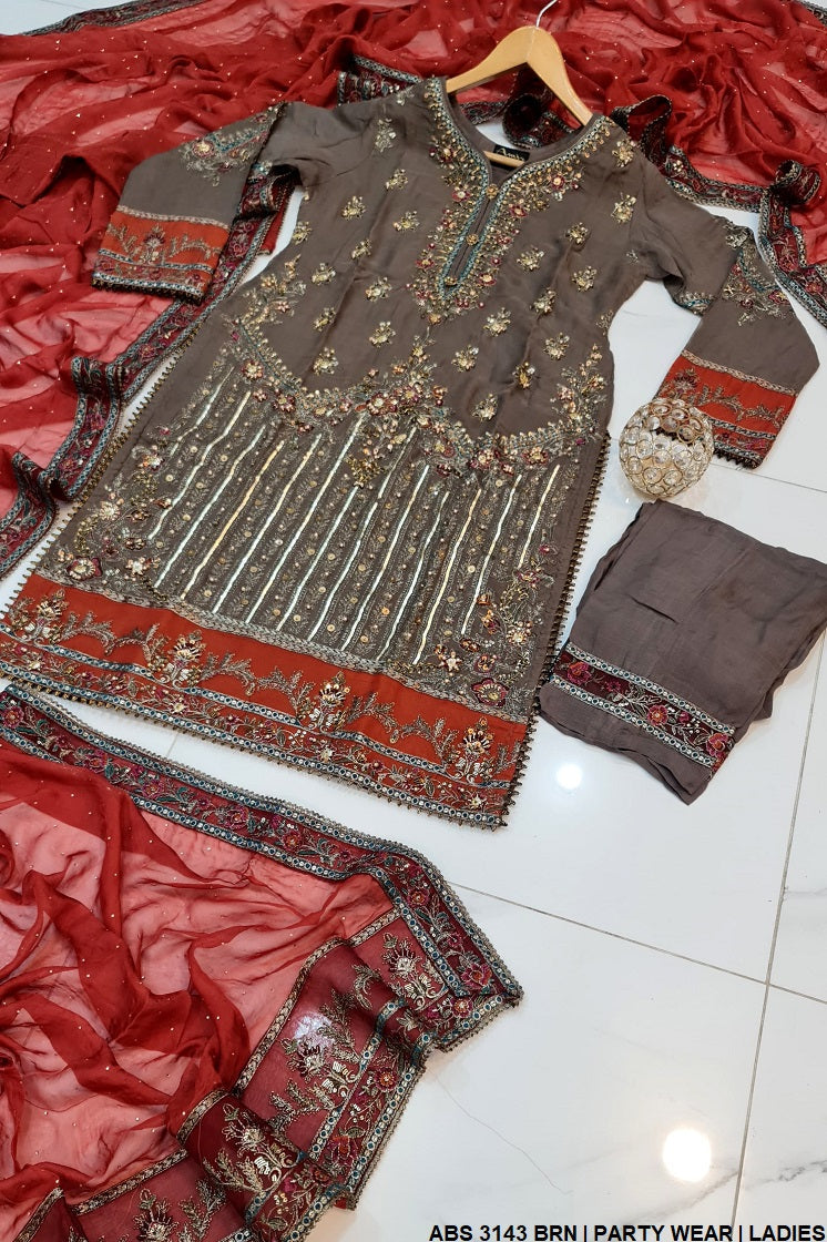 ABS 3143 Pakistani women's chiffon straight shirt with chiffon dupatta back view