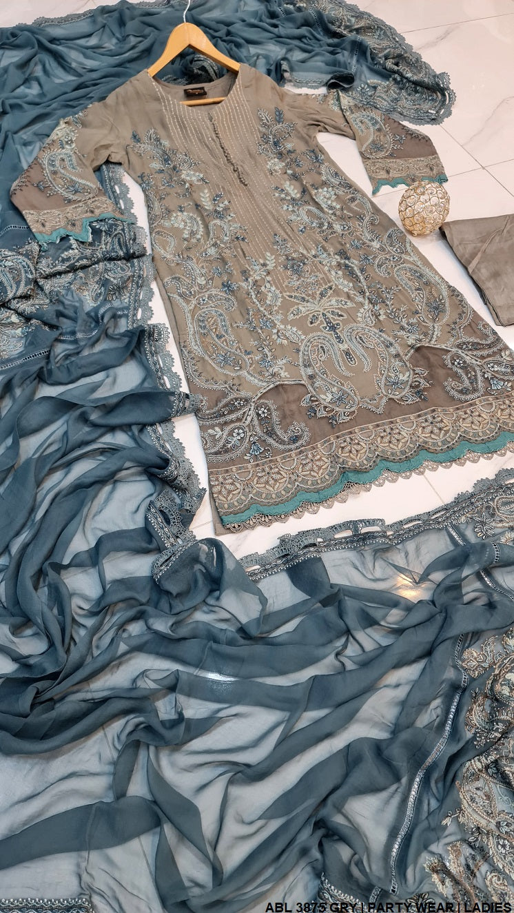 ABL 3875 chiffon A-Line Pakistani women's dress with chiffon dupatta side view