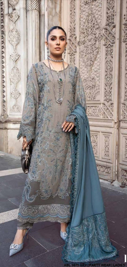 Chiffon A-Line shirt ABL 3875 - Pakistani women's elegant casual outfit with viscose trouser front view
