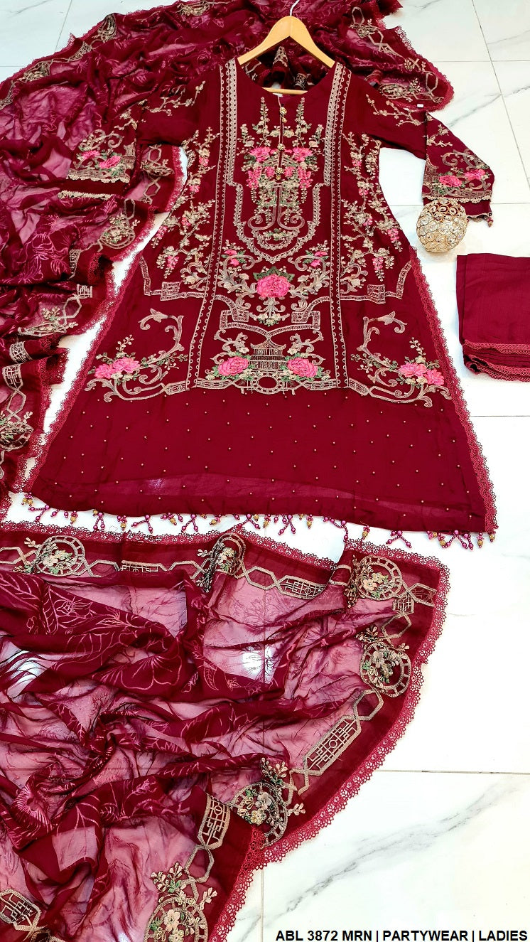 ABL 3872 chiffon A-Line Pakistani women's dress with chiffon dupatta back view