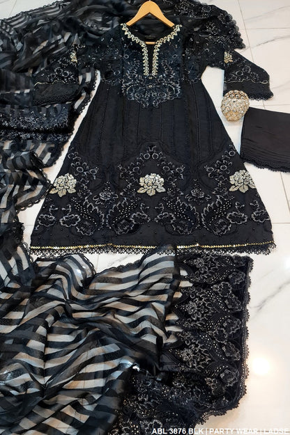 ABL 3876 Pakistani women's masuri net A-Line dress detail view