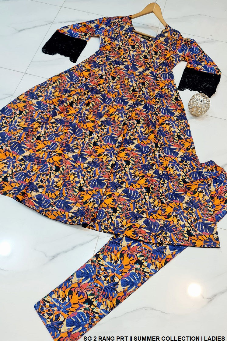 SG 02 RANG Pakistani women's lawn frock with 2PC dupatta back view