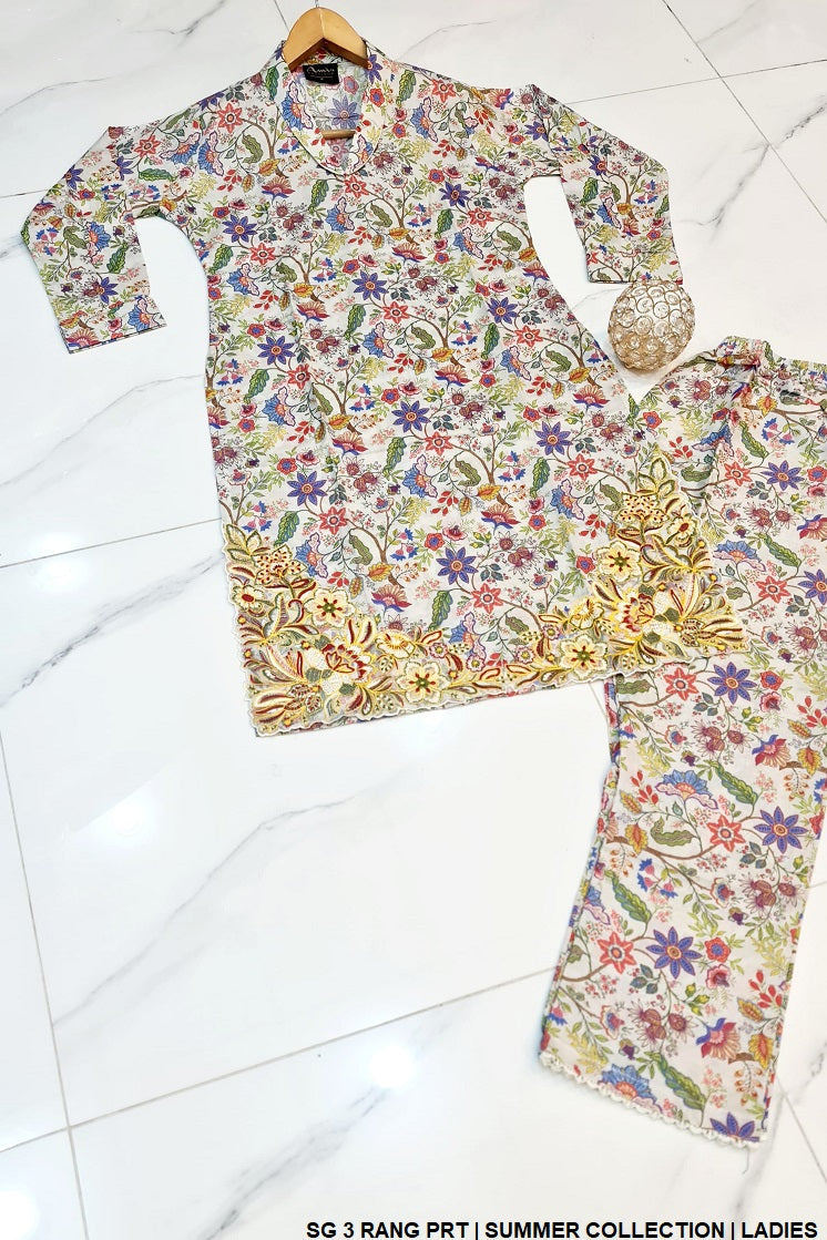 SG 3 RANG Pakistani women's lawn outfit with 2PC dupatta detail view