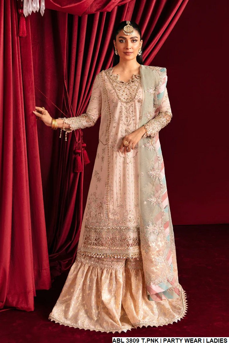 Masuri straight shirt gharara ABL 3809 - Pakistani women's luxury party wear with zari organza trouser front view