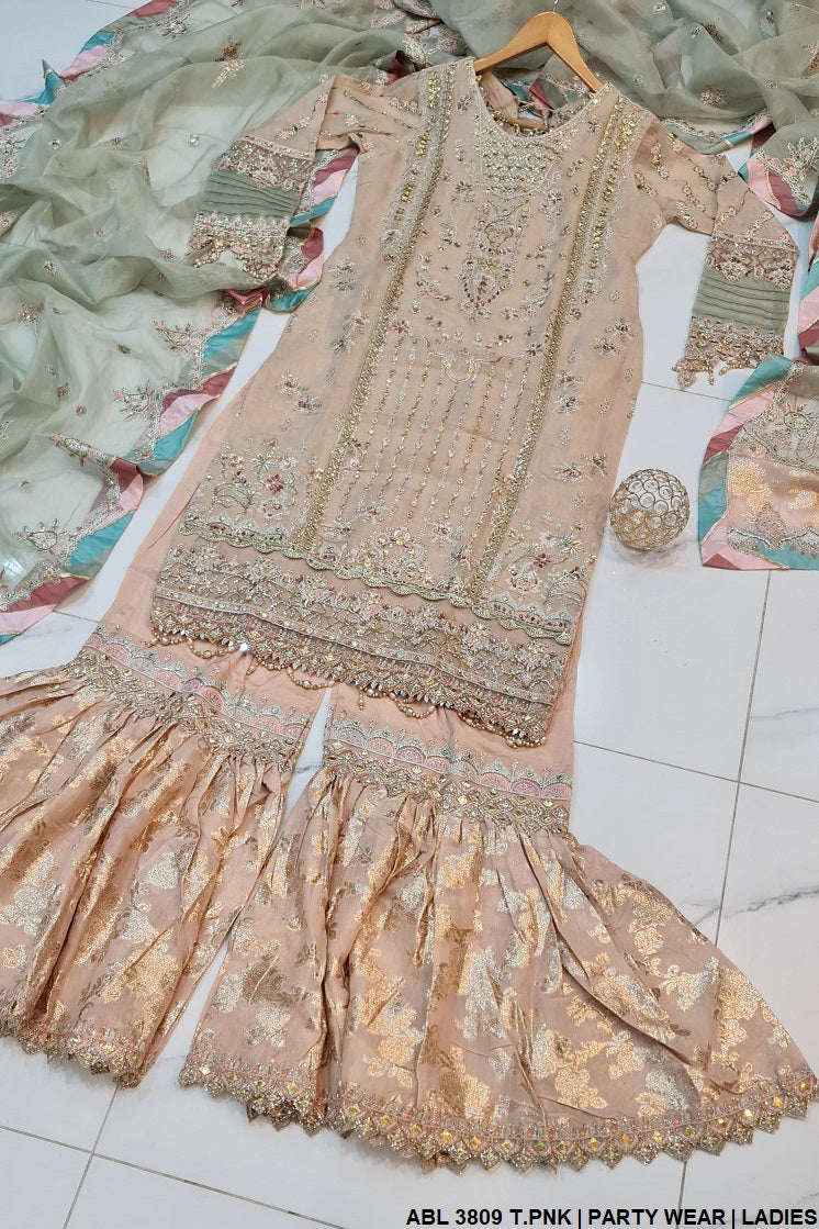 ABL 3809 Pakistani women's masuri straight shirt with gharara back view