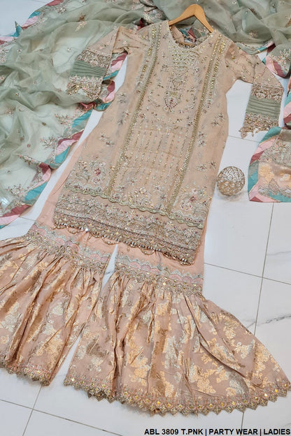 ABL 3809 Pakistani women's masuri straight shirt with gharara back view