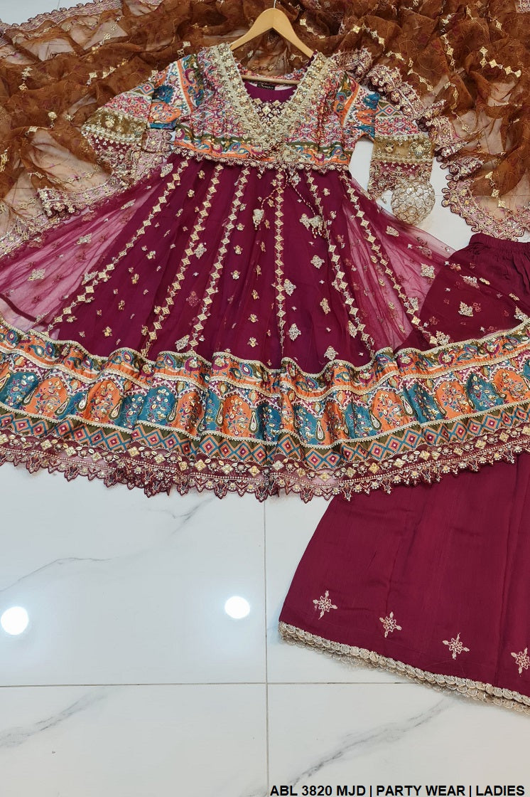ABL 3820 Pakistani women's net frock with plazo detail view