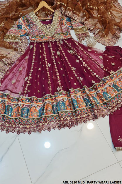 ABL 3820 Pakistani women's net frock with organza dupatta back view