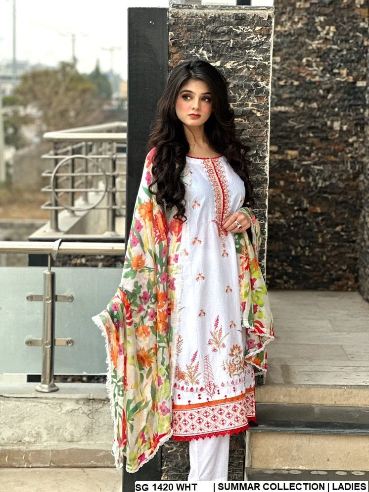SG 1420 Pakistani women's lawn straight shirt with digital dupatta back view