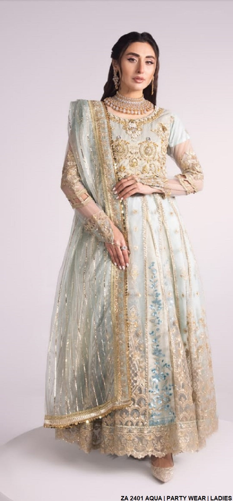 Net long maxi ZA 2401 - Pakistani women's luxury formal wear with masuri net dupatta and grip trouser front view
