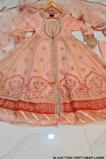 Organza open long frock ZA 2349 - Pakistani women's formal party wear with net dupatta front view