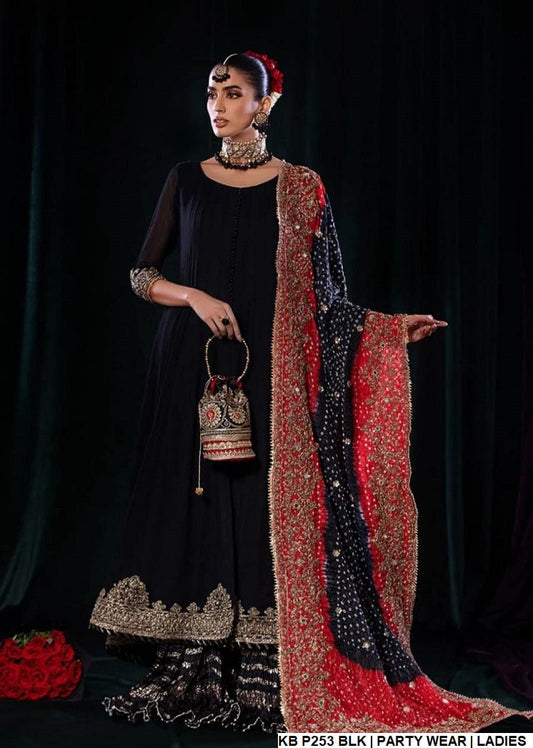 Crinkle chiffon embroidered sharara KB P253 - Pakistani women's luxury bridal party wear front view