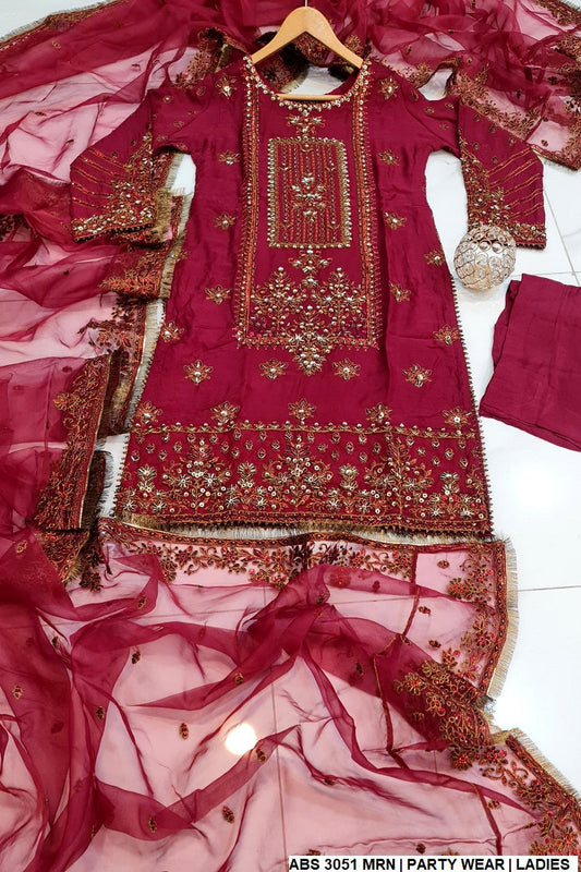 Chiffon straight shirt ABS 3051 - Pakistani women's elegant outfit with grip trouser and organza dupatta front view